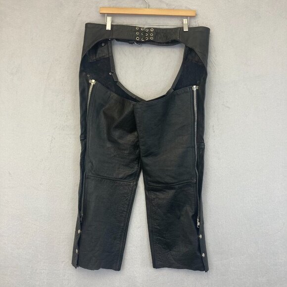 Leather Club Chaps Mens Large L Black Motorcycle Adjustable Belt Zip Side Snap - Picture 14 of 16